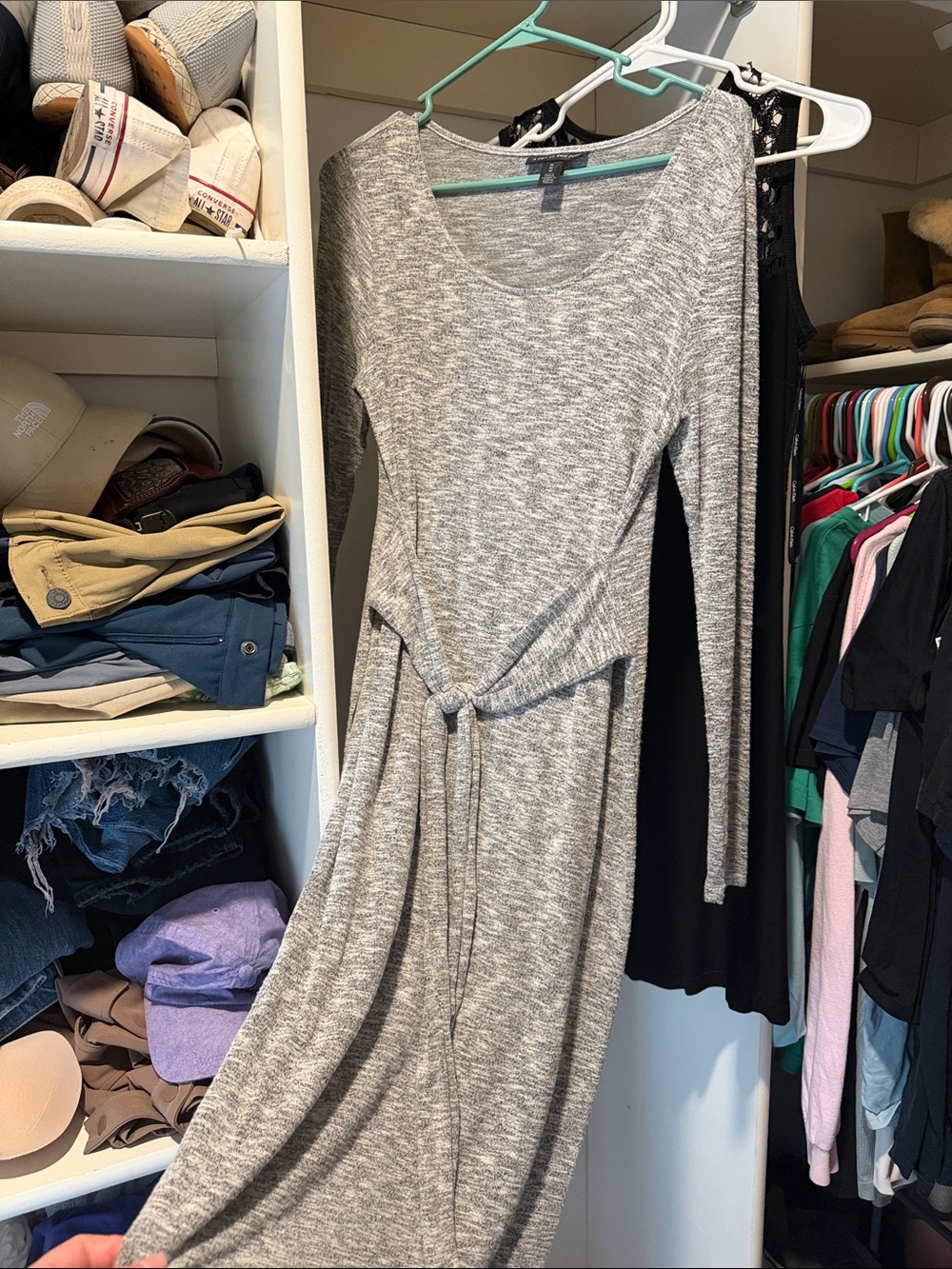A Pea in the Pod Heather Gray Long Sleeve Tie-Front Maxi Maternity Dress